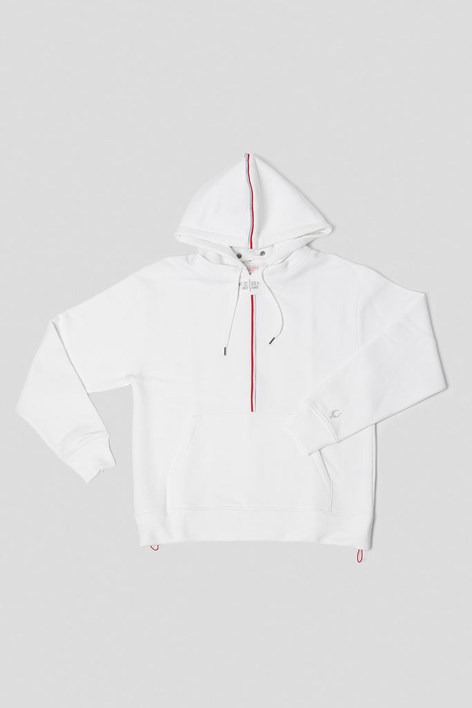 Designer hoodie and sweatshirt in white. Made of recycled PET bottles from the ocean and organic cotton. This hoodie has an exchangeable hood, adjustable length, reflective tape and embroidery.