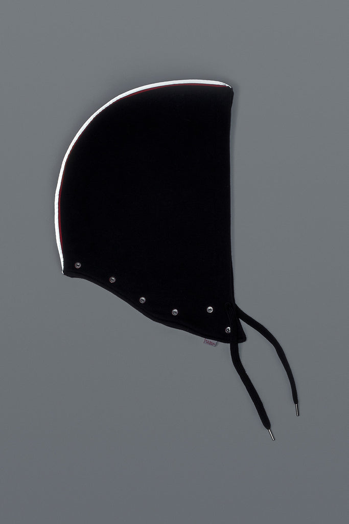 Black exchangeable hood with reflective tape. 